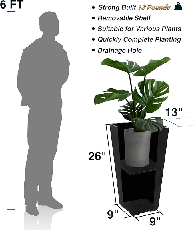 Metallic Taper Planter, 26 Inch Tall Tapered Planter for Front Porch, Patio, Deck, Garden Indoor/Outdoor Tree Planters, Set of 2 Black with Copper Hand Brushed Rim