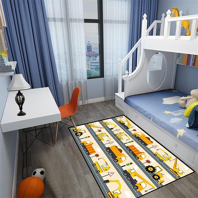 Construction Rug Car Rug Construction Rugs for Boys Room Cartoon Truck Area Rug Construction Play Mat Car Rug for Boys Room Construction Decor for Boys Room 3'×4'