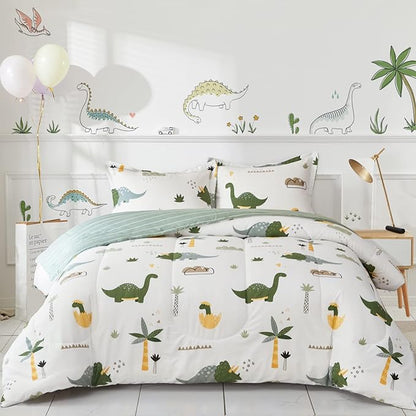 Joyreap Dinosaur Kids Cotton Comforter Set for Boys Girls, Full/Queen Size 3pcs Cotton Bedding Comforter, Fresh Green Dinosaurs on White Design, Skin-friendly Breathable for All Season- 88x88 inches