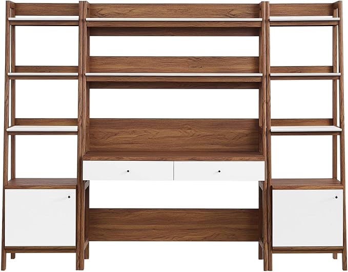 Modway Bixby 3-Piece Home Office Desk and Bookshelf Display Case in Walnut White