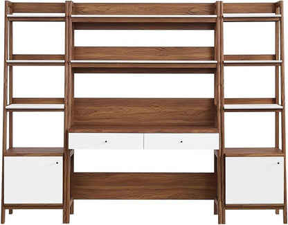 Modway Bixby 3-Piece Home Office Desk and Bookshelf Display Case in Walnut White
