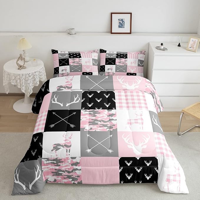 Pink Camo Deer Silhouette Kids Comforter Set King Size,Rustic Farmhouse Animals Hunting Bedding 3pcs for Boys Girls Room Decor,Antlers Boho Arrow Geometric Plaids Patchwork Duvet Insert,2 Pillowcases