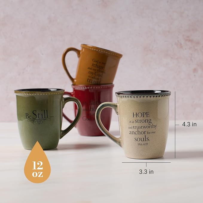 Christian Art Gifts Set of Four Rustic Stoneware Coffee/Tea Mugs w/Bible Verses Sage Green, Ivory, Paprika Red, Pumpkin Orange Inspirational Coffee/Tea Cup for Men and Women
