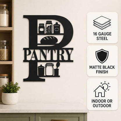 Pantry Metal Wall Decor, Farmhouse Kitchen Pantry Sign, 14 Inch | 14-inch matte black metal pantry sign with pre-drilled holes for farmhouse, rustic, modern, or industrial kitchen decor.