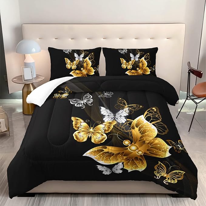 Butterfly Comforter Set for Adults Black and Gold Butterfly Bedding Set Aesthetics Butterflies Quilt Duvet Set Twin Size with 1 Comforter and 2 Pillowcases
