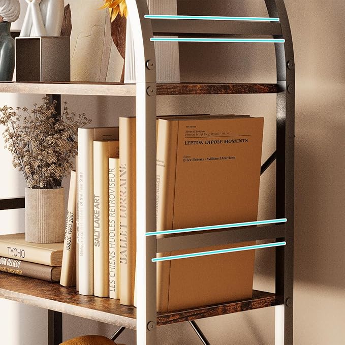 4-Tier Bookshelf, 24 Inch Width Industrial Arched Bookcase, Vintage Storage Rack with Open Shelves, Free Standing Shelf for Home Office, Living Room,Bedroom, Rustic Brown
