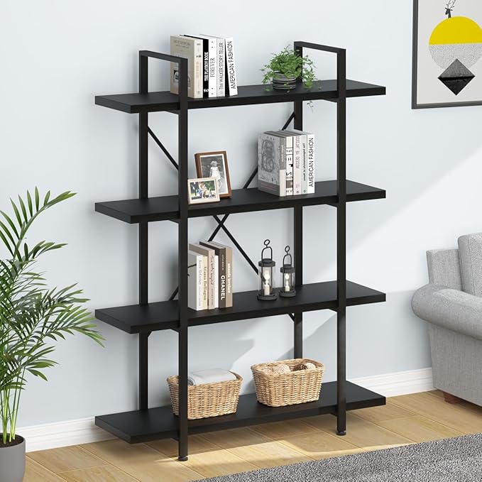 HSH 4 Tier Black Bookshelf, Industrial Metal Wood Storage Book Shelves, Modern Open 4 Shelf Bookcase and Display Etagere, Vertical Book Shelf for Bedroom Living Room Office