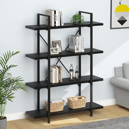 HSH 4 Tier Black Bookshelf, Industrial Metal Wood Storage Book Shelves, Modern Open 4 Shelf Bookcase and Display Etagere, Vertical Book Shelf for Bedroom Living Room Office