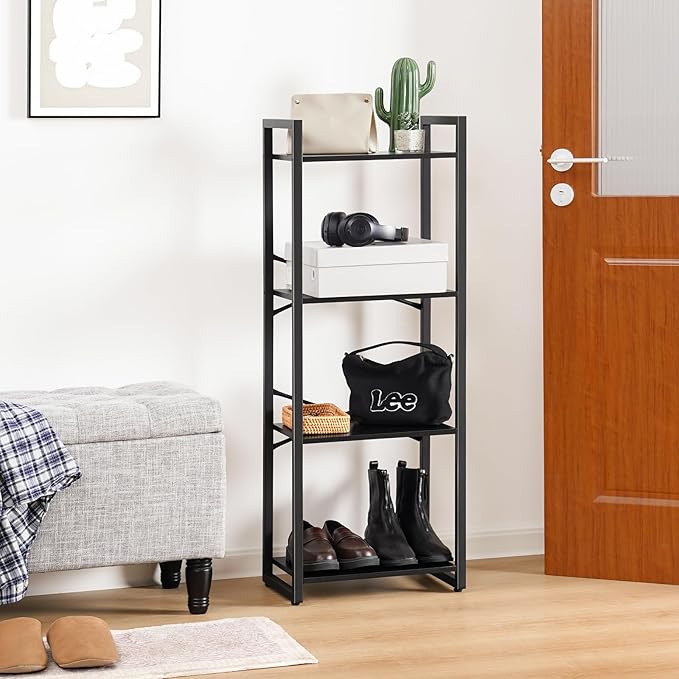 Yoobure Bookshelf, 4 Tier Book Shelf with Drawer, Small Bookcase Narrow Book Case, Industrial Bookshelves Shelf for Bedroom Living Room Office, Book Storage Organizer for CD/Movie Black