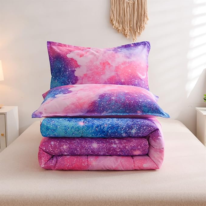 A Nice Night Galaxy Bedding Sets Outer Space Comforter 3D Printed Space Quilt Set King Size Glitter Pink Color,for Children Boy Girl Teen Kids