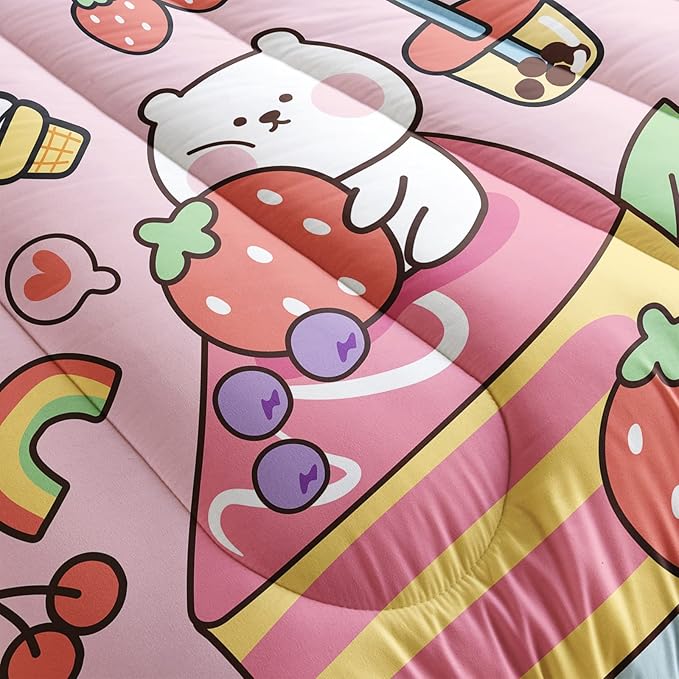 Kawaii Bear Comforter Full,Pink Bear Comforter Set for Kids Teens Girls,3Pcs Bedding Set Printed Comforter with 2 Pillowcases,Down Alternative,Soft and Lightweight，Full Size