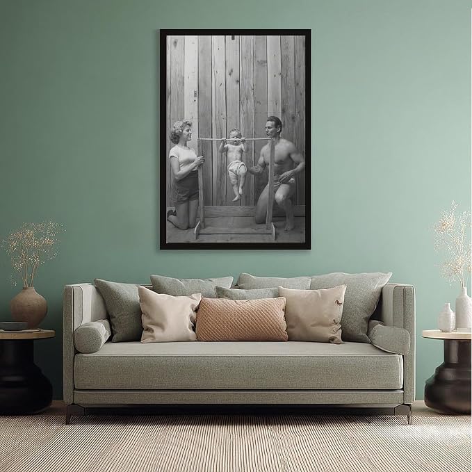 UXCBIA Baby Doing Pull-ups, Bodybuilder Family Black And White Retro Poster Canvas Poster Bedroom Decor Sports Landscape Office Room Decor Gift Black Frame 12x18in(30x45cm)