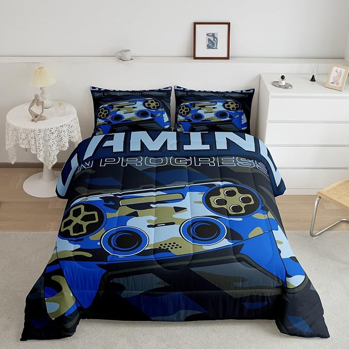 Boys Gamepad Comforter Set Full Size Teens Gamer Bedding Set Retro Blue Camouflage Video Game Controller Comforter for Kids Youth Bedroom Decor Gamer Console Action Buttons Duvet Set Microfiber