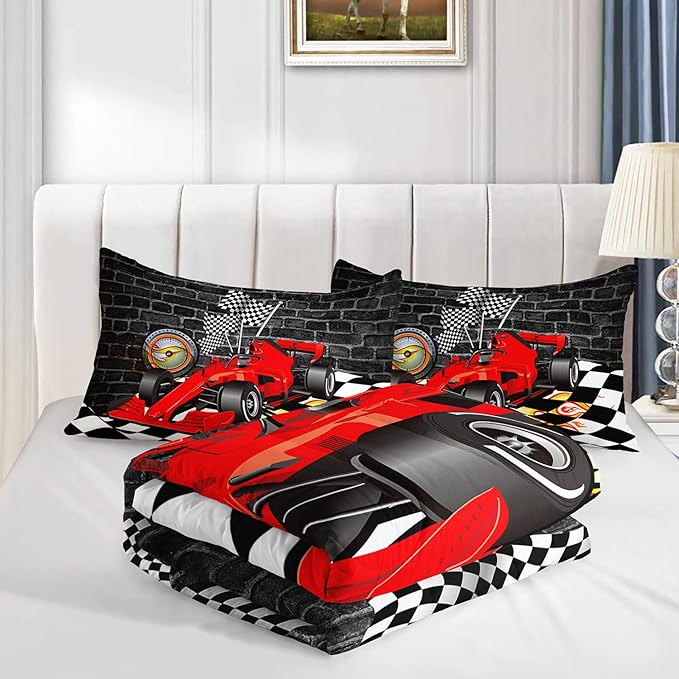 Axolotl Race Car Comforter Set Full Size,Extreme Sports Bedding Set for Boys Teens Kids Girls Room Decor,Cool Speed Car Quilt Bed Set with 1 Comforter 2 Pillowcases Car Racing Gifts,Black Red