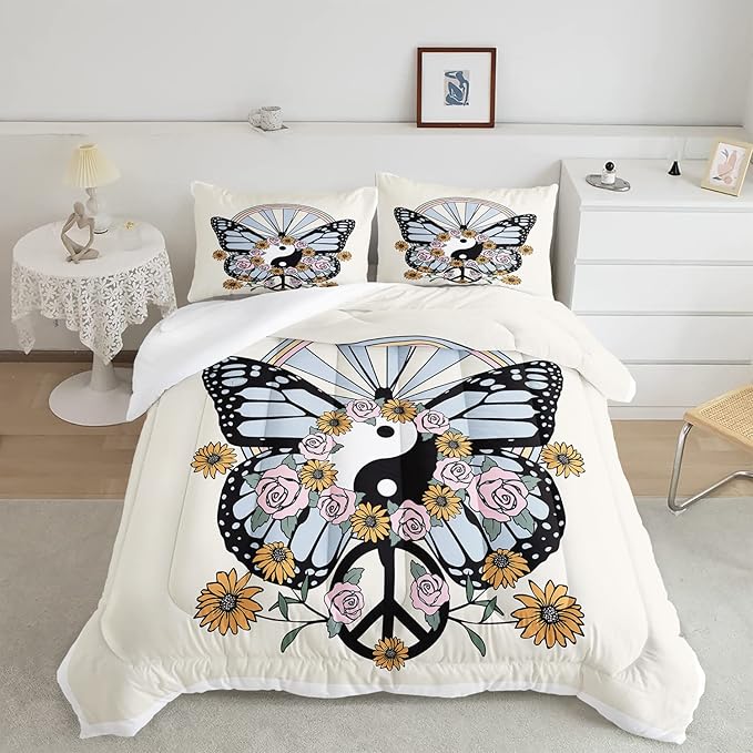 CVHOUSE Butterfly Bedding Set,Butterfly Comforter King,Butterfly Comforter Set for Girls Kids Teens,Butterflies Quilt Set with 1 Comforter and 2 Pillow Cases- 3 Piece