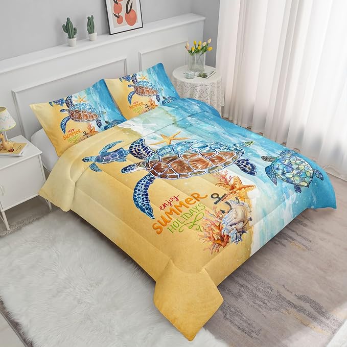 Datura home Beach Turtle Comforter Set Beach and Sea Turtle Printed Quilt Bedding Set with 1 Comforter and 2 Pillowcases for Boys and Girls Bedroom All Season(Beach Turtle Full)