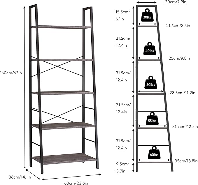 Yusong Bookshelf, Ladder Shelf 5-Tier Bookcase for Bedroom, Industrial Book Shelves Storage Rack with Metal Frame for Home Office, Gray