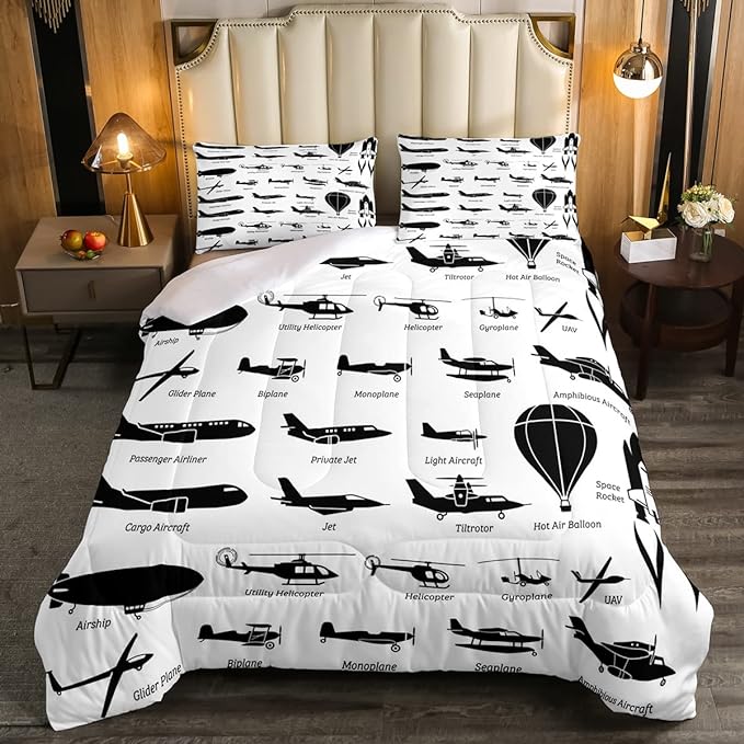 Erosebridal Airplane Comforter Set Twin,Black White Airplanes Bedding Set Space Rocket Aircraft Down Comforter for Boys Kids Teens Room Decor,Helicopter Biplane Quilt Duvet Sets with 1 Pillow Case