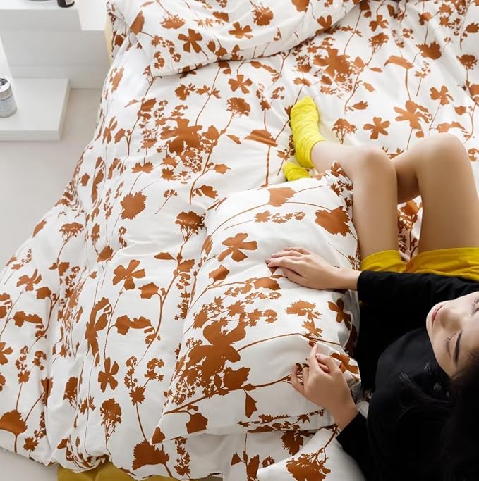Botanical Comforter Set Full White and Pumpkin Floral Plant Bedding Comforter Set Girls Garden Pattern Printed on White Blanket Rustic Leaf Blossom Women White Farmhouse Comforter Full