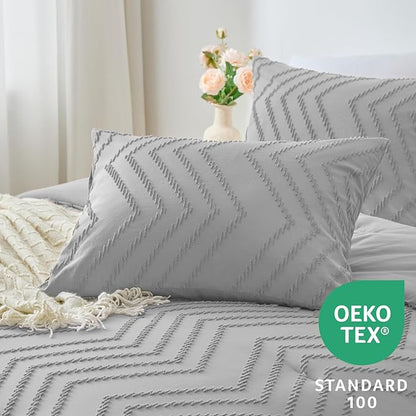 CozyLux Full Size Comforter Set Light Grey - 3 Pieces Boho Tufted Shabby Chic Bedding Comforter Set for All Seasons, Chevron Bedding Sets with Comforter & 2 Pillow Shams