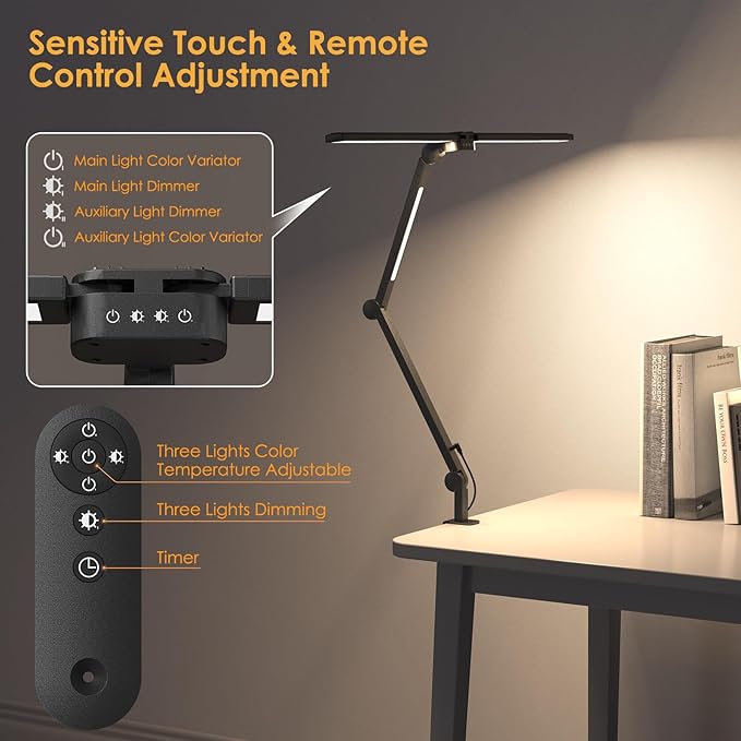 LED Desk Lamp, Flexible Desk Light with Clamp, Dual Light 25 Lighting Eye-Caring Modes Table Lamp with Solid Base, Eye-Caring Desk Lamp with Remote Control,Reading Desk Lamps for Home Office