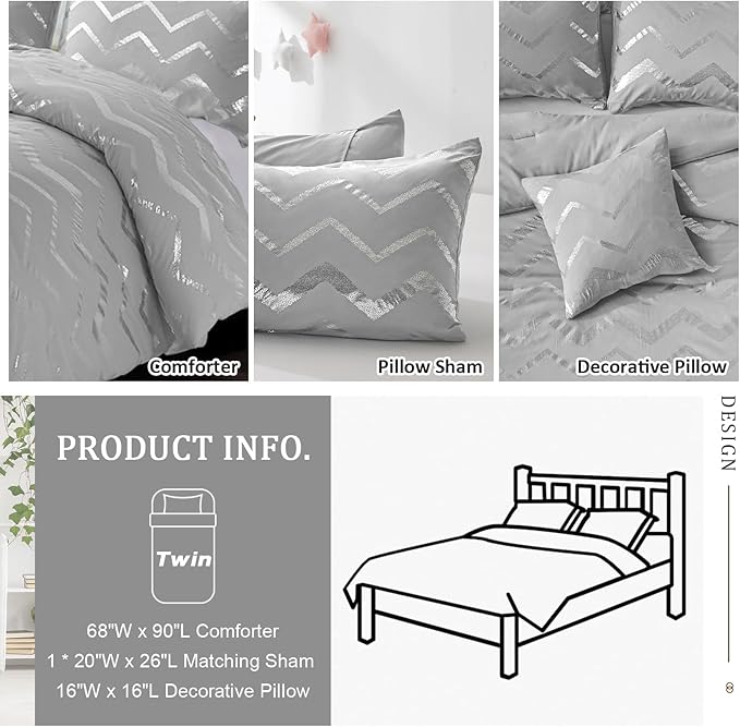 Grey and Silver Comforter Set Twin Size Metallic Print Geometric Bedding Set Lightweight Microfiber Comforter for Teen Girls Boys Women (1 Pillow Sham + 1 Decorative Pillow Sham)