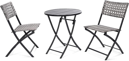 BACKYARD EXPRESSIONS PATIO · HOME · GARDEN 3 Pc 3 Piece Folding Outdoor Bistro, Wicker Furniture Table and Chairs for Garden, Backyard, Porch, Patio Conversation Set, Grey/Black