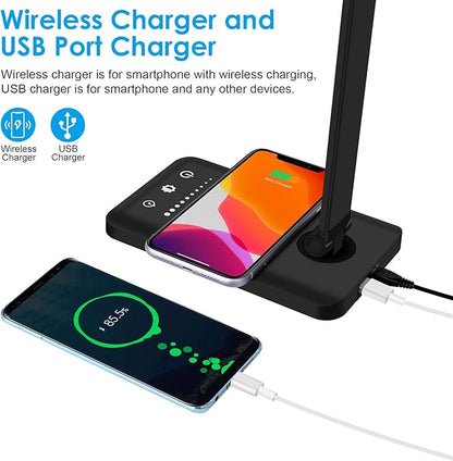 LED Desk Lamp with Wireless Charger, Dimmable Office Lamp with USB Charging Port, Eye- Caring Desk Lamps, Bright with 5 Lighting Modes, Touch Control Auto Timer