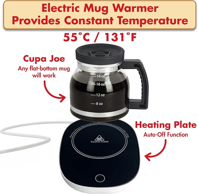 Funwares Cupa Joe Gift Set, 20 oz Glass Coffee Mug + Electric Mug Warmer | Keeps Coffee Hot All Day, One-Touch Warmer with Auto Shut-Off, Spill-Proof Lid, Borosilicate Glass, Desk & Office Gift