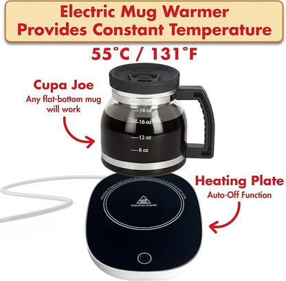 Funwares Cupa Joe Gift Set, 20 oz Glass Coffee Mug + Electric Mug Warmer | Keeps Coffee Hot All Day, One-Touch Warmer with Auto Shut-Off, Spill-Proof Lid, Borosilicate Glass, Desk & Office Gift