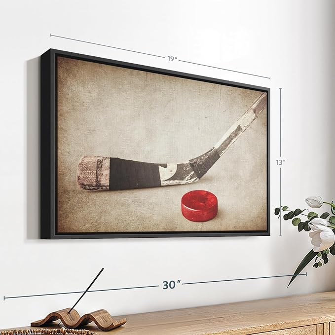 Elephant Stock Vintage Ice Hockey Wall Art - Horizontal Framed Canvas - 1-Piece Hallway Wall Decor - Photography Sports Canvas Print - Brown and Beige Decor for Wall - 19" X 13"