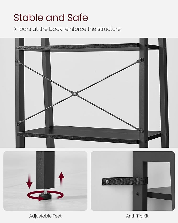 VASAGLE Ladder Shelf, 5-Tier Bookshelf, Storage Rack, Bookcase with Steel Frame, for Living Room Home Office, Kitchen, Bedroom, Industrial Style, Ebony Black + Black