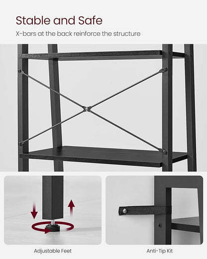 VASAGLE Ladder Shelf, 5-Tier Bookshelf, Storage Rack, Bookcase with Steel Frame, for Living Room Home Office, Kitchen, Bedroom, Industrial Style, Ebony Black + Black