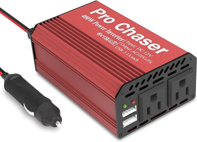 Pro Chaser 400W Power Inverters for Vehicles - DC 12v to AC 110v Car Inverter Converter, 6.2A Dual USB Charging Ports, Dual AC Adapter for Laptops Air Compressor