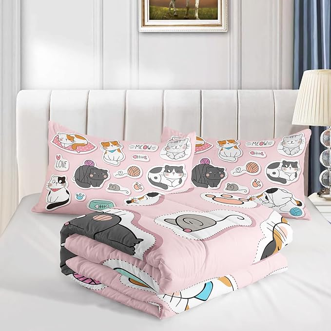 CVHOUSE Cat Bedding,Cartoon Cat Comforter Full,Animals Print Comforter Set for Kids,Kawaii Quilt Set with 1 Comforter and 2 Pillow Cases