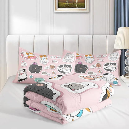 CVHOUSE Cat Bedding,Cartoon Cat Comforter Full,Animals Print Comforter Set for Kids,Kawaii Quilt Set with 1 Comforter and 2 Pillow Cases