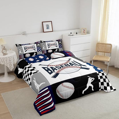 Baseball Bedding,Kids Sports Baseball Comforter Set For Boys Girls Twin Size,Teen Baseball Quilt Set Sport Fans Room Decor,Patchwork Geometric Checkered Comforter Balck white Navy Blue 1 Pillowcase