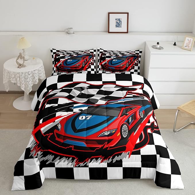 Red Race Car Bedding Set Twin Size Cool Racing Car Comforter Set Competition Extreme Sports Game Down Comforter For Kids Boys Girls Teens Bedroom Decor Plaid Pattern Duvet Insert With 1 Pillowcase