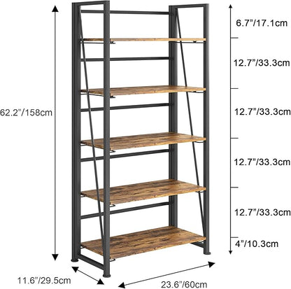 No-Assembly Folding Bookshelf Storage Shelves 5 Tiers Vintage Multifunctional Plant Flower Stand Storage Rack Shelves Bookcase for Home Office(Firestone and Black)