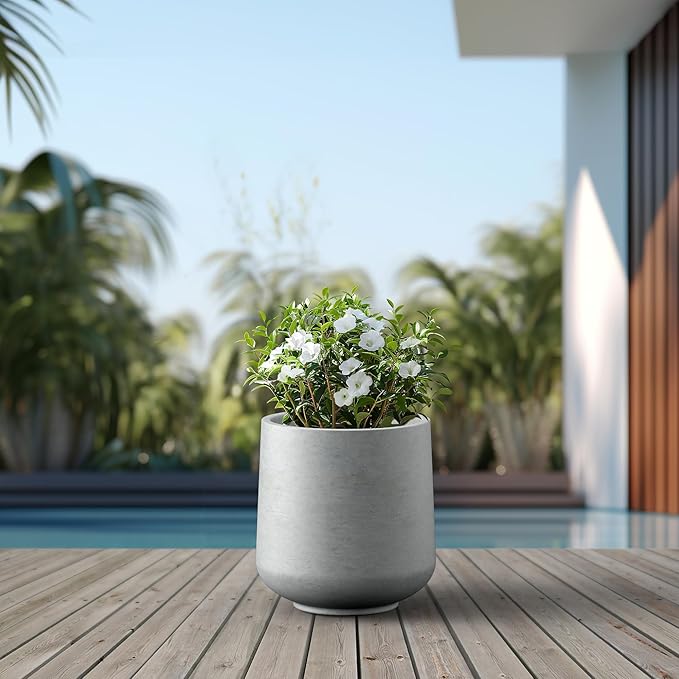 Kante 15.3" Dia Round Concrete Planter, Outdoor Indoor Large Plant Pots Containers with Drainage Hole and Rubber Plug for Home Garden Patio, Gray Concrete