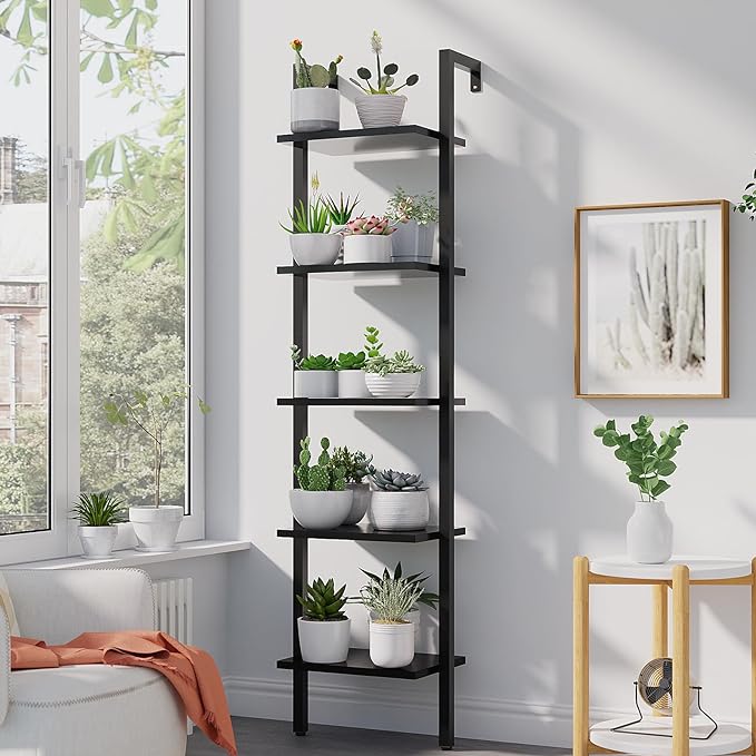 YMYNY 5 Tiers Narrow Ladder Bookcase, Industrial Wall Mounted Bookshelf, Open Display Rack with Metal Frame, Wooden Storage Shelves for Bedroom, Home Office, Living Room, Black, 70*17.3*11.8"UHBC015B