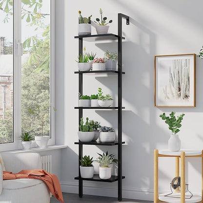 YMYNY 5 Tiers Narrow Ladder Bookcase, Industrial Wall Mounted Bookshelf, Open Display Rack with Metal Frame, Wooden Storage Shelves for Bedroom, Home Office, Living Room, Black, 70*17.3*11.8"UHBC015B