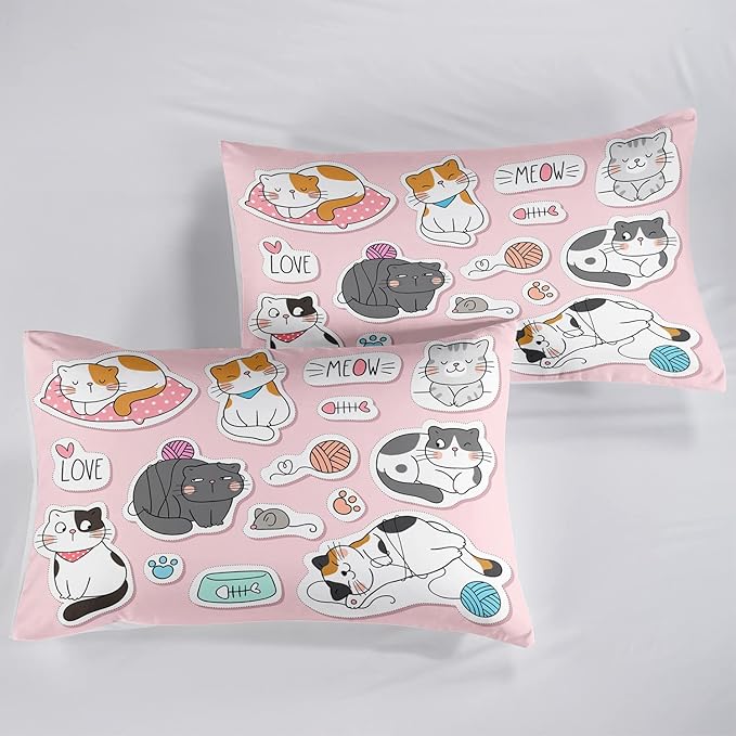 CVHOUSE Cat Bedding,Cartoon Cat Comforter Queen,Animals Print Comforter Set for Kids,Kawaii Quilt Set with 1 Comforter and 2 Pillow Cases