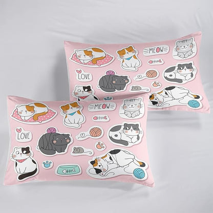 CVHOUSE Cat Bedding,Cartoon Cat Comforter Queen,Animals Print Comforter Set for Kids,Kawaii Quilt Set with 1 Comforter and 2 Pillow Cases