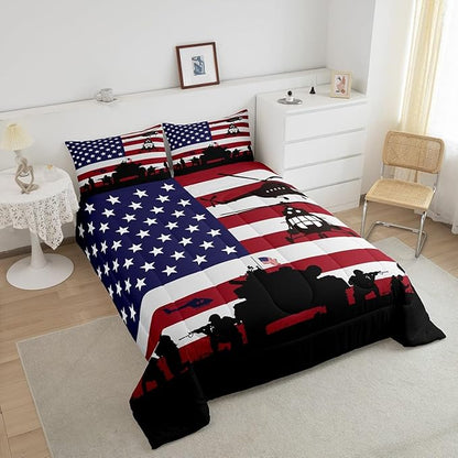 Feelyou American Flag Comforter Set for Girls Kids Boys Men Soldier Rifle Helicopter Tank Bedding Set Red Blue Stars Stripes USA Flag Comforter Room Decor Army Guns Military Down Comforter Queen Size