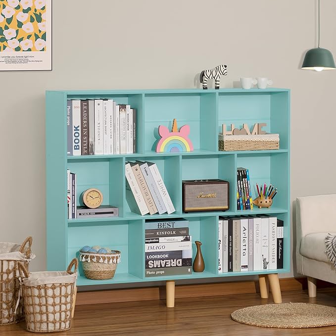 LEYAOYAO 10 Cube Bookshelf,3 Tier Modern Wide Bookcase with Legs,Mid-Century Wood Bookshelves Storage,Mint-Green Large Book Case,Freestanding Organizer Display Shelf for Bedroom,Living Room,Office