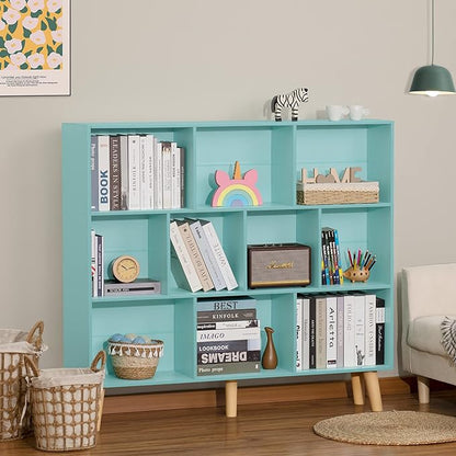 LEYAOYAO 10 Cube Bookshelf,3 Tier Modern Wide Bookcase with Legs,Mid-Century Wood Bookshelves Storage,Mint-Green Large Book Case,Freestanding Organizer Display Shelf for Bedroom,Living Room,Office