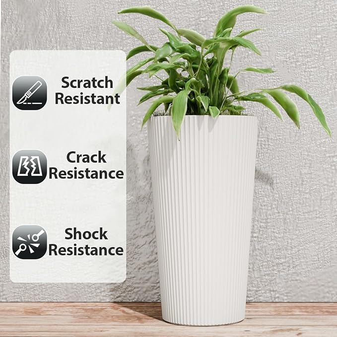23.6" Tall Planters for Outdoor Plants,Large Outdoor Planters for Front Porch Decor with Drainage Hole, Flower Pots Fits Indoor Plants Patio/Garden, Plastic Striped White (2 Pack)