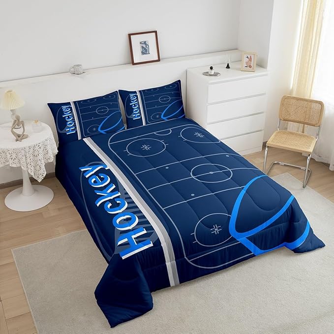 Feelyou Kids Ice Hockey Comforter Set King Size Ice Sports Games Bedding Set for Boys Girls Teens Bedroom Decor Hockey Player Comforter Puck Hockey Duvet Set with 2 Pillow Case