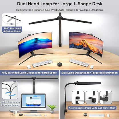 LED Desk Lamp for Home Office, Dual Head Architect Lamp with Clamp, Desk Light for Dual Computer Monitor, 24W 2000LM Dimmable, 2700K/4500K/6500K Adjustable, Gooseneck Desk Lighting for Workbench Study